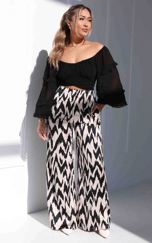 Daya Satin Wide Leg Pants - Ivory Black Print