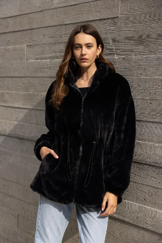 Fluffy Faux Fur Coat with Waist String - Black