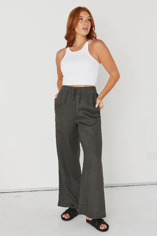 Resort Dark Olive Linen Wide Leg Elastic Waist Pant