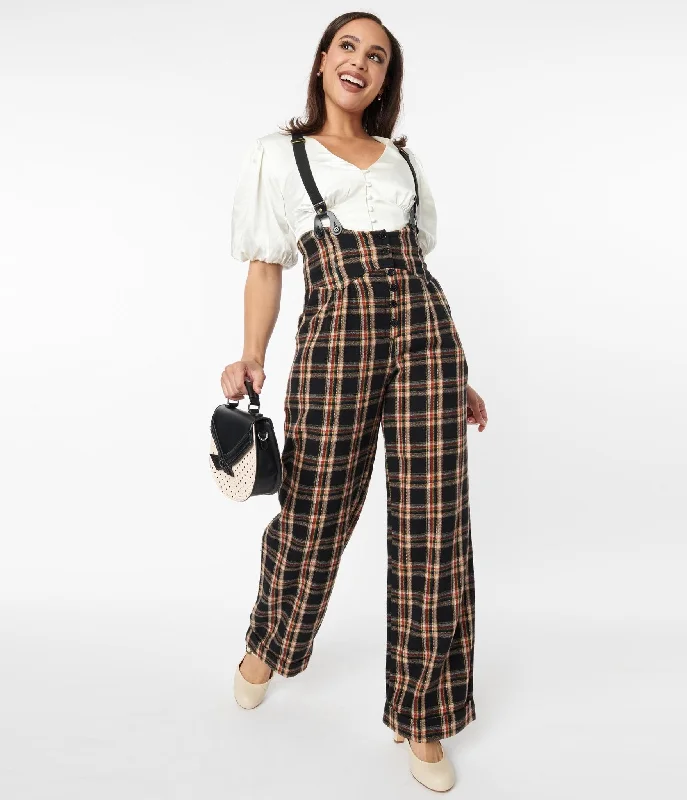 Unique Vintage 1930s Black & Auburn Plaid Thelma Suspender Pants