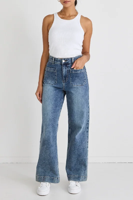 Zoey Mid Blue High Rise Wide Leg Pocket Jean