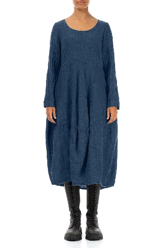 Balloon Long Sleeves Azure Mélange Linen Dress