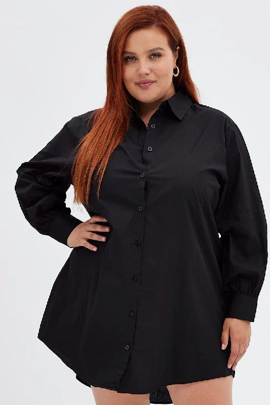 Black Cotton Shirtdress Oversized Long Sleeve