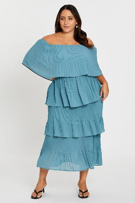 Blue Off Shoulder Pleated Midi Dress