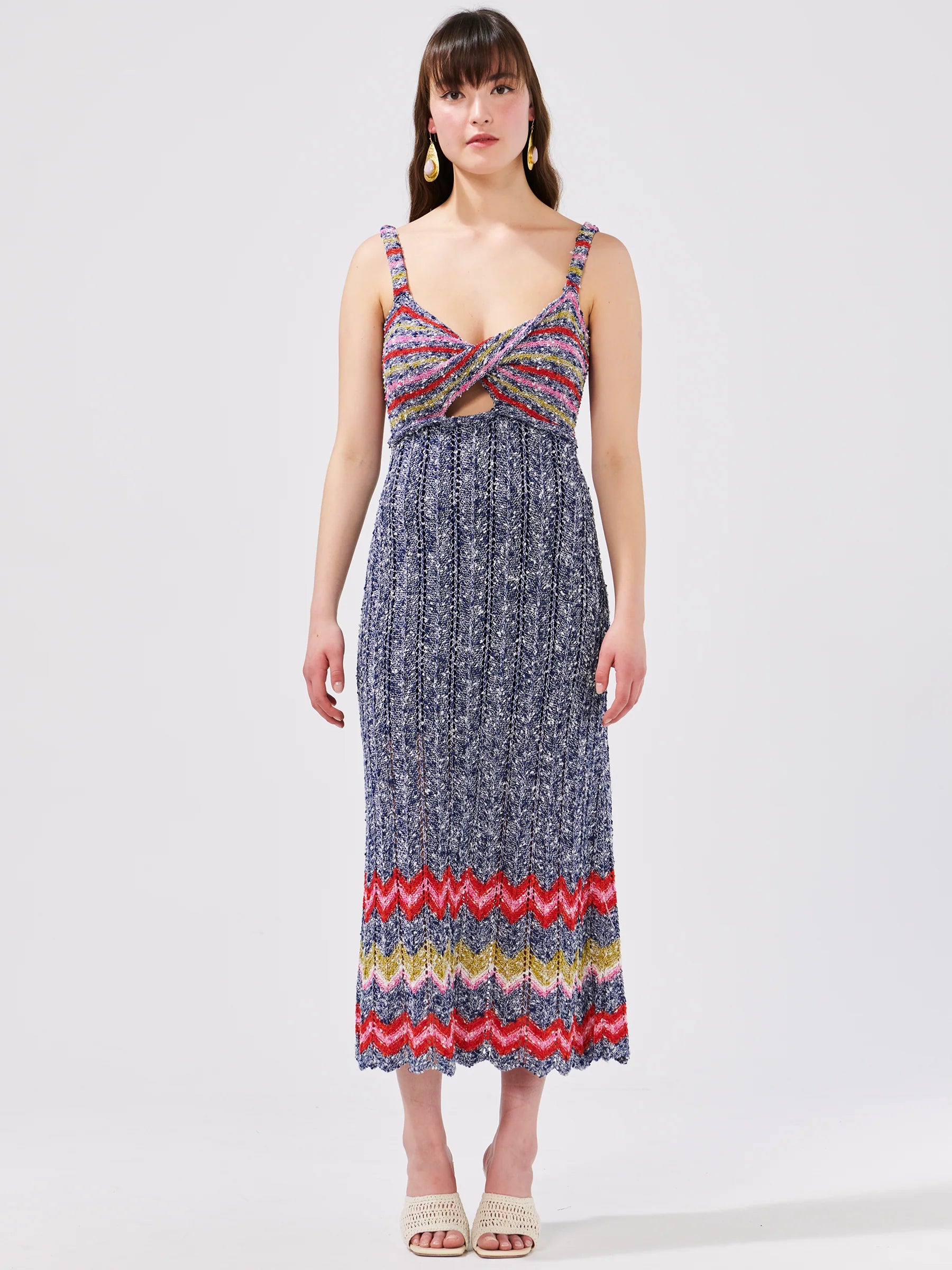 Boucle Twisted Bandeau Sundress - Zig Zag Navy