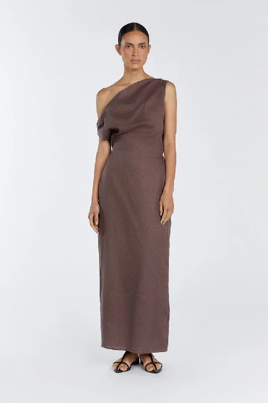 CASS CHOC LINEN ASYM MIDI DRESS