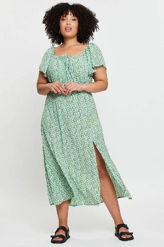 Ditsy Print Midi Dress Scoop Neck Short Sleeve Front Split