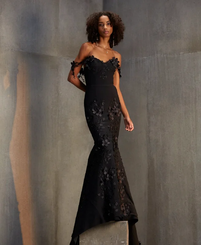 Floral Appliqué Fitted Gown - Black