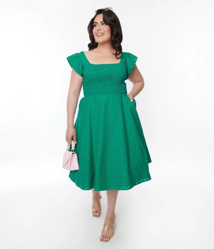 Green Eyelet Ruffle Sleeve Swing Dress