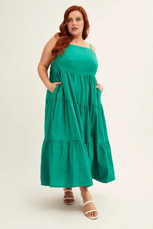 Green Sleeveless Cotton Maxi Dress With Pockets