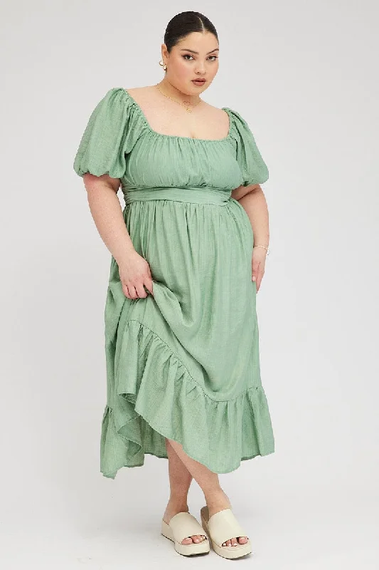 Green Midi Dress Tie Back Short Sleeve