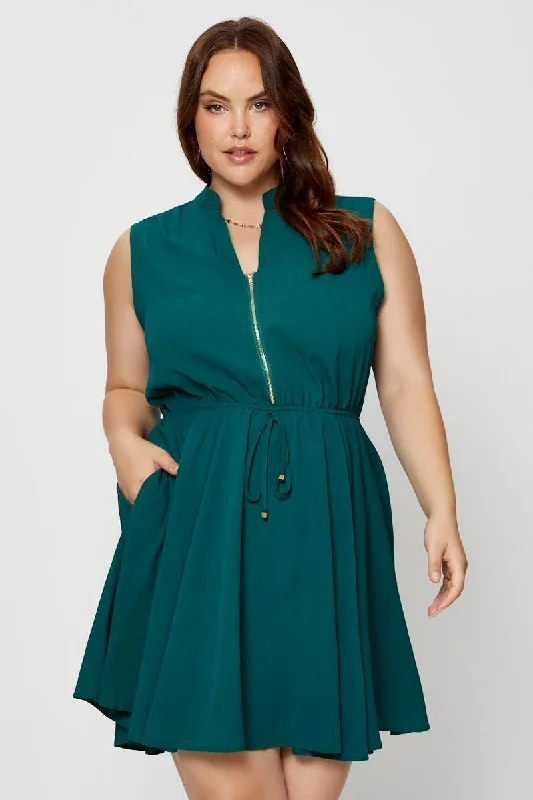 Green Shirt Dress V-neck Sleeveless Button