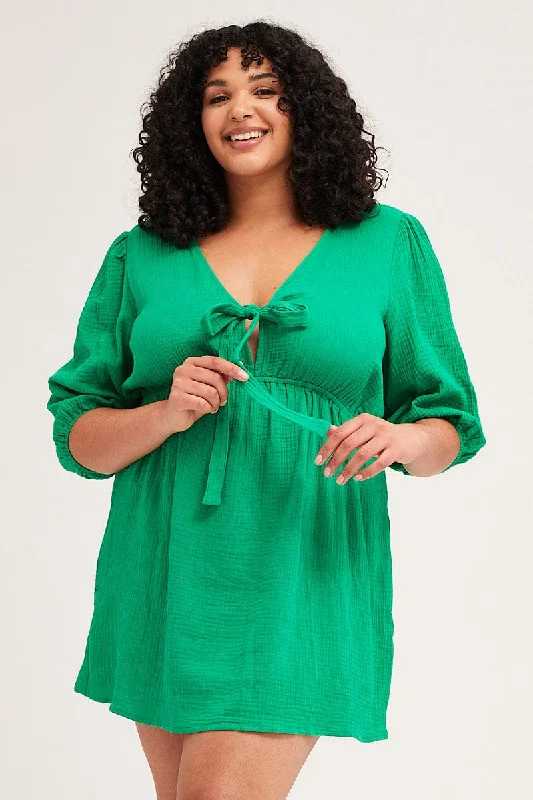 Green Skater Dress V-neck Long Sleeve Tie Front