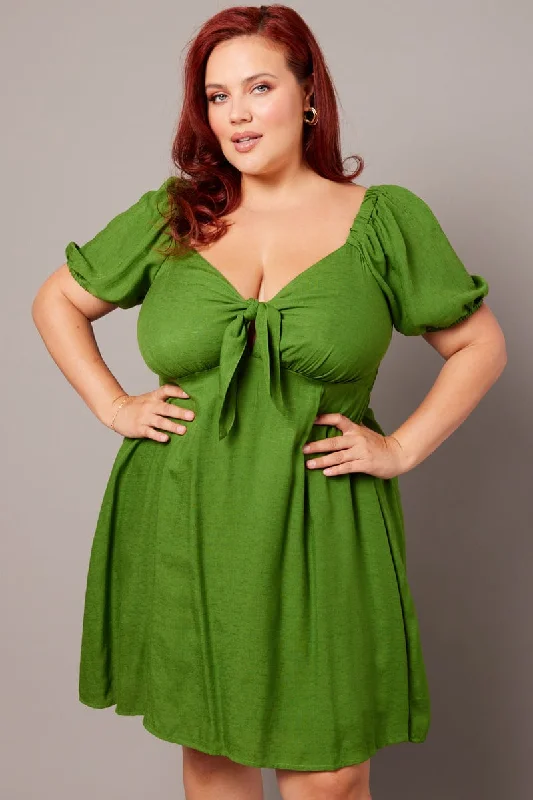 Green Tie Front Shirred Back Minidress