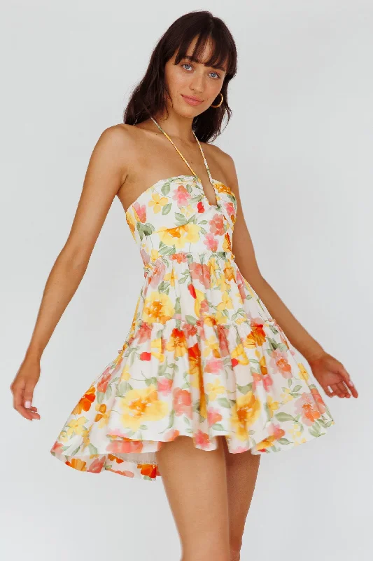 Horizons Frill Trim Mini Dress Floral Yellow