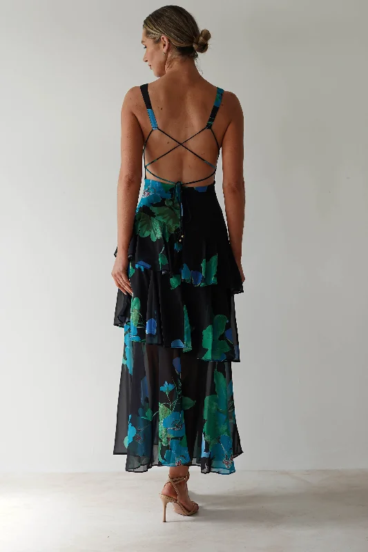 Lenora Floral Print Maxi Dress | Black Print