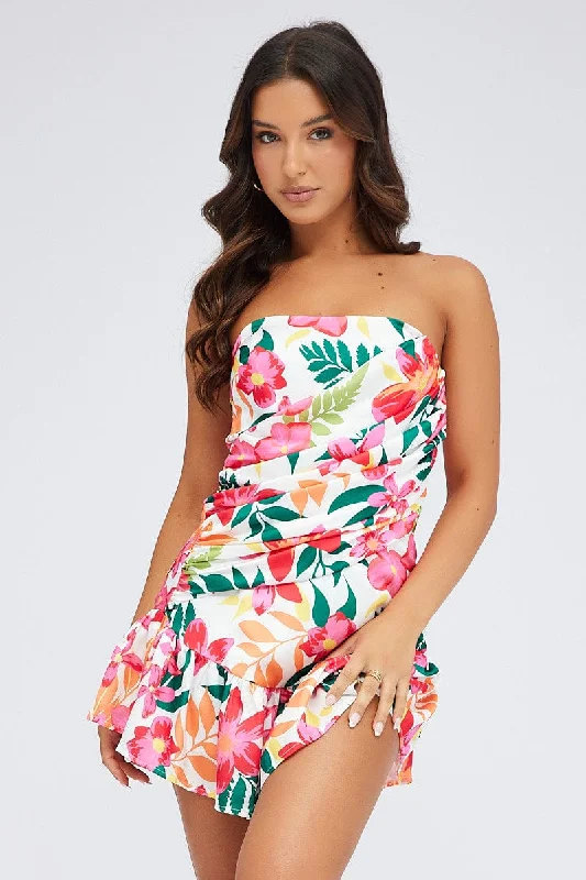 Multi Floral Ruched Dress Strapless Bandeau Ruffle Mini