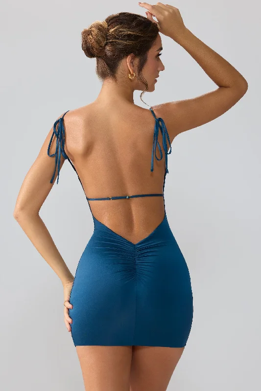 Slinky Jersey Open Back Mini Dress in Midnight Blue