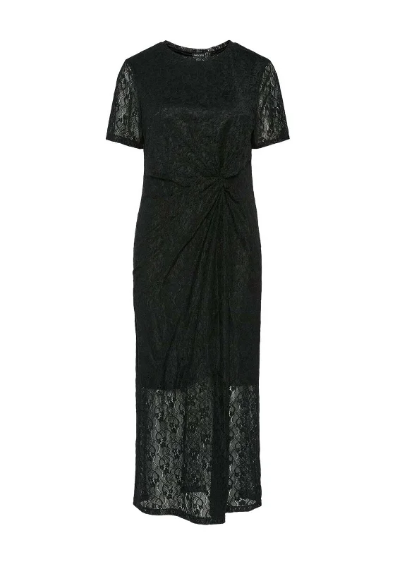 Pieces Pandora Lace Ruched Midi Dress, Black