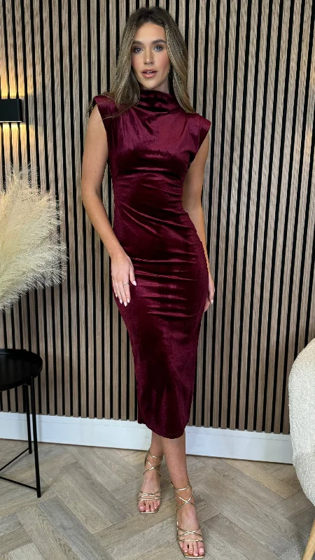 Rosalia Burgundy High Neck Velvet Finish Sleeveless Midi Dress (PRE ORDER)