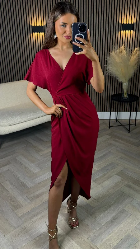 Tasmin Red Wrap Over Style Midi Dress