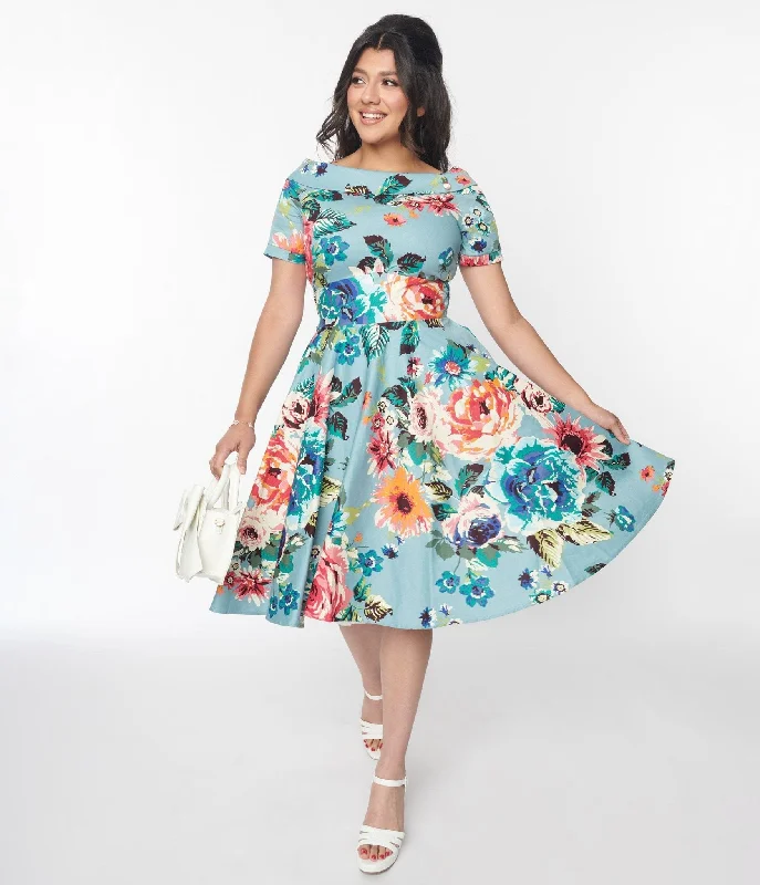 Dolly & Dotty Teal & Multicolor Floral Swing Dress