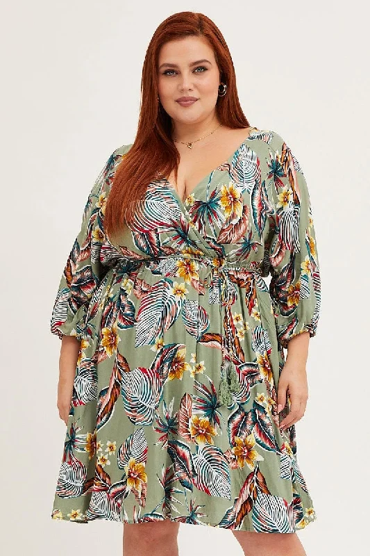 Trop Print Skater Dress V-neck Batwing Sleeve