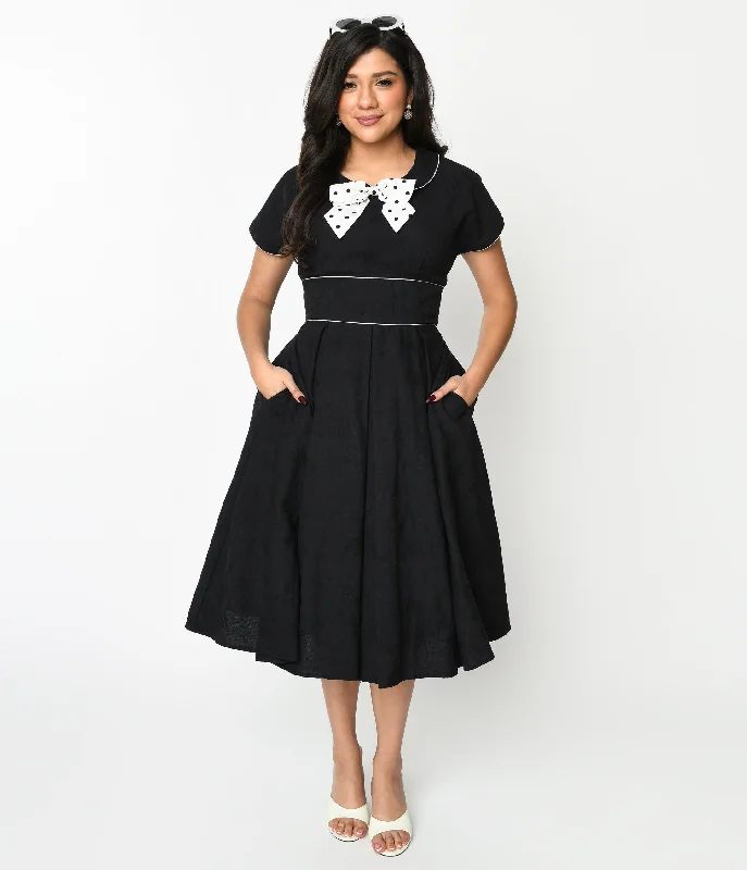 Unique Vintage 1950s Black & Ivory Polka Dot Bow Cotton Swing Dress