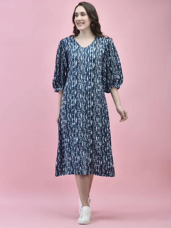 Women Liva Rayon Blue Floral Print Dress