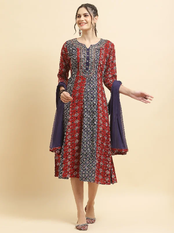 Women Liva Rayon Maroon Embroidered Dress With Dupatta