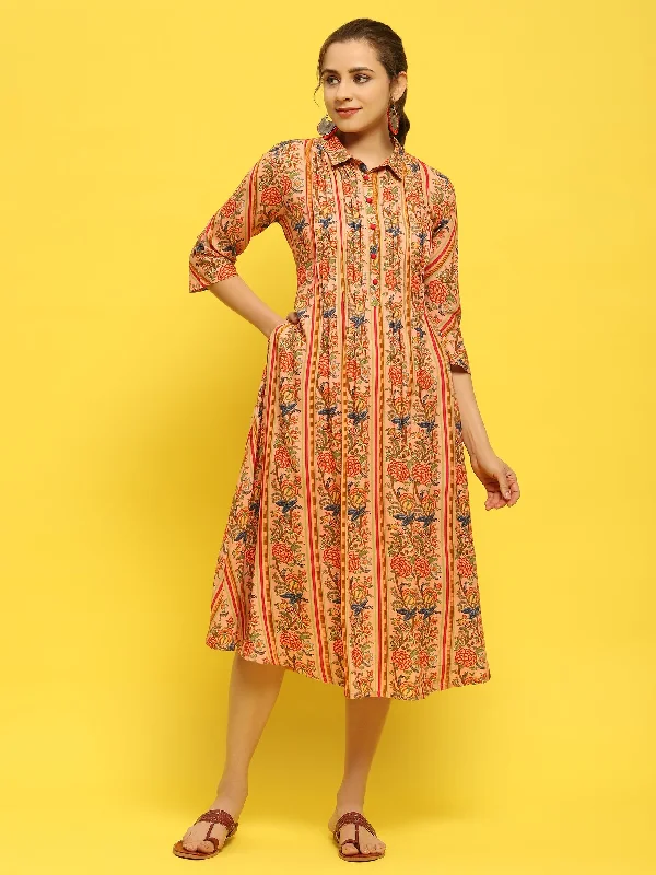 Women Liva Rayon Peach Floral Print Dress