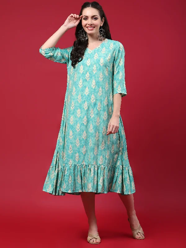 Women Teal Ikat Printed Dress