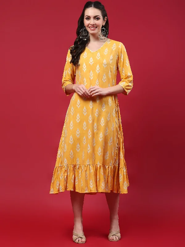 Women Yellow Ikat Printed Dress