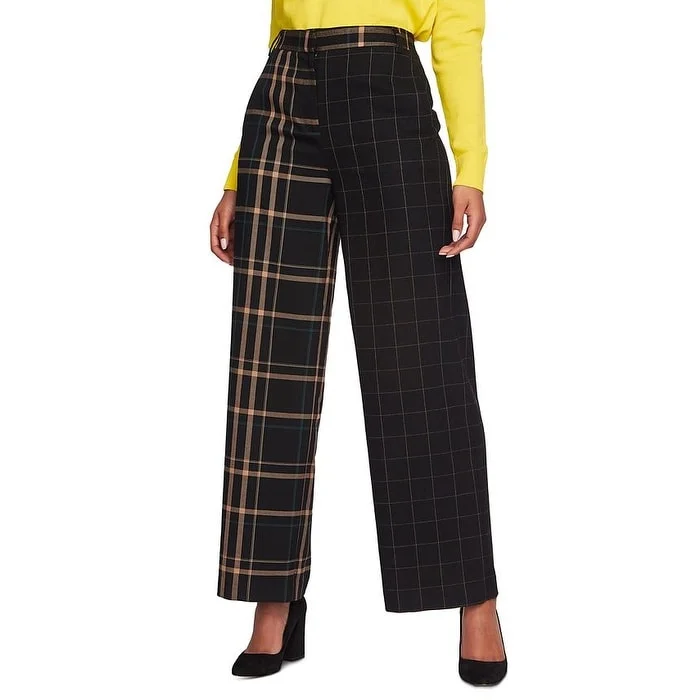 1.STATE Women's Zippered Pocketed Plaid Wide Leg Pants Black Size 8