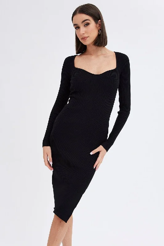 Black Knit Dress Sweetheart Neck Long Sleeve Midi