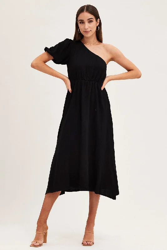 Black One Shoulder Midi Dress