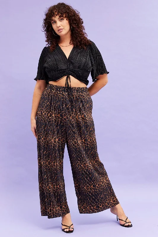 Brown Animal Print Plisse Pants Wide Leg