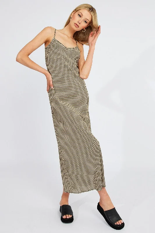 Brown Geo Maxi Dress Bias Cut