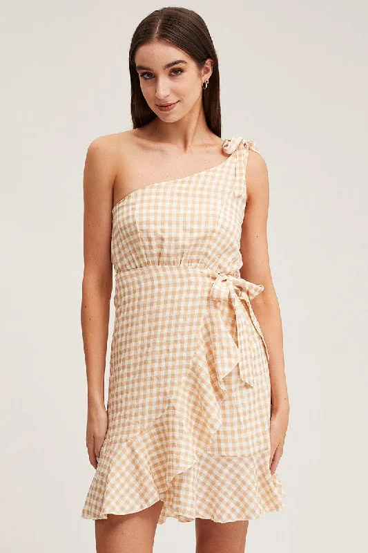 Check Wrap Dress One Shoulder Sleeveless