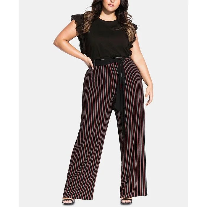 City Chic Women's Stretch Belted Zippered Palazzo High Rise Striped Wear to Work Wide Leg Pants Brown Size 20W