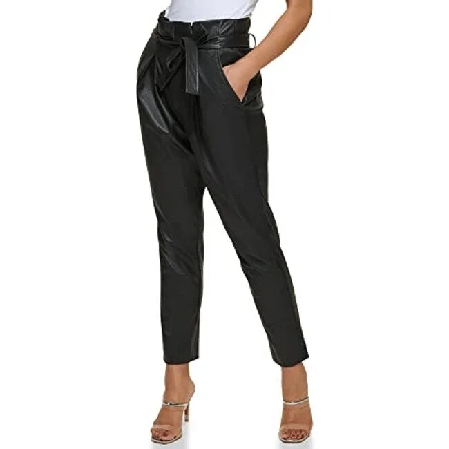 Dkny Women's Faux Leather High Rise Tie Waist Ankle Pants Black Size 16