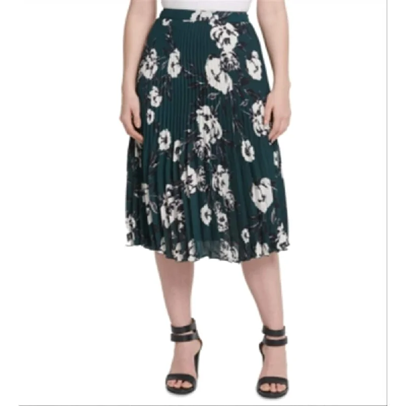 Dkny Women's Floral Print Pleated Midi Skirt Green Size 10