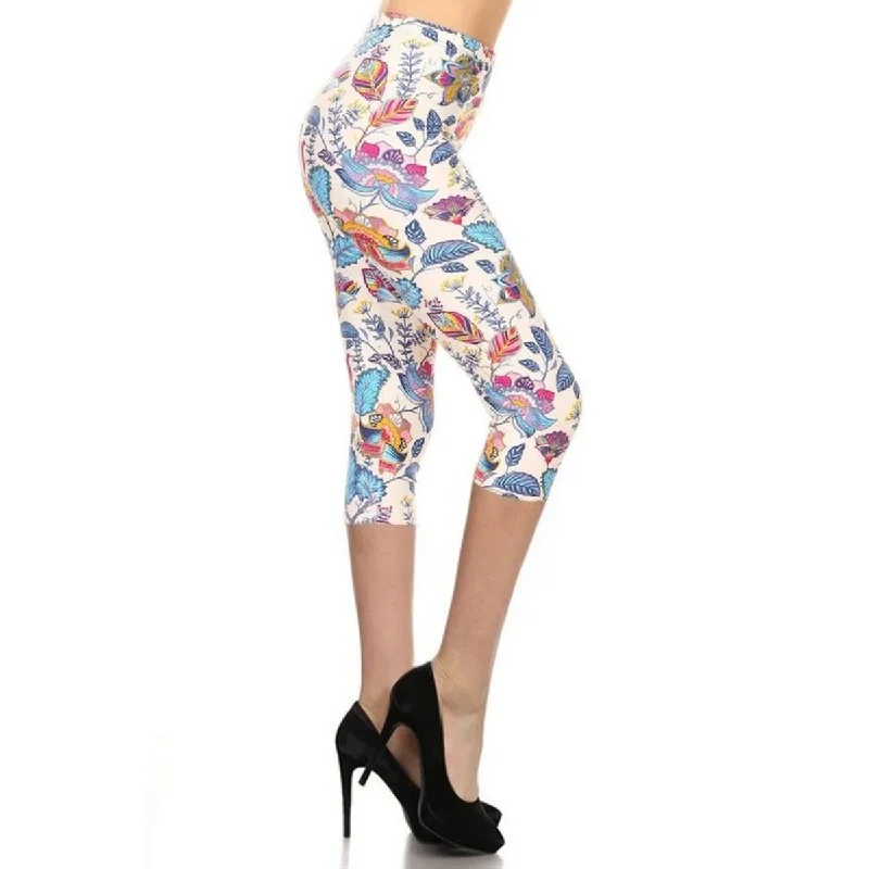 Floral Printed Lined Knit Capri Legging With Elastic Waistband