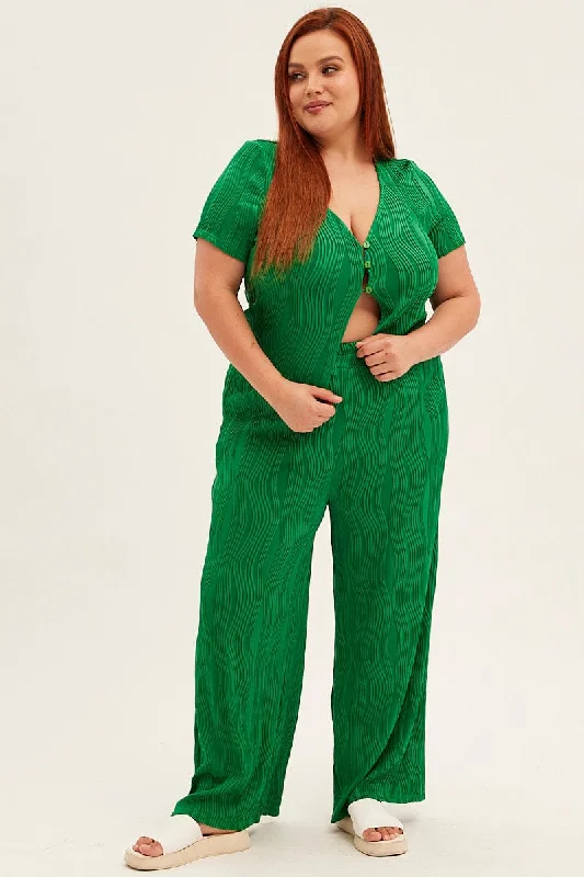 Green Textured Pant Wide Leg Wavy