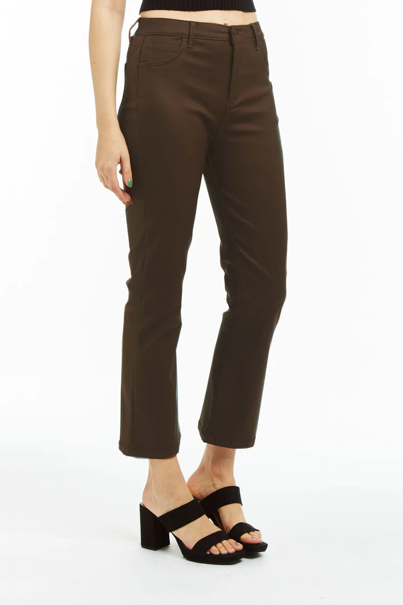 High Rise Coated Ankle Crop Flare - Chocolate