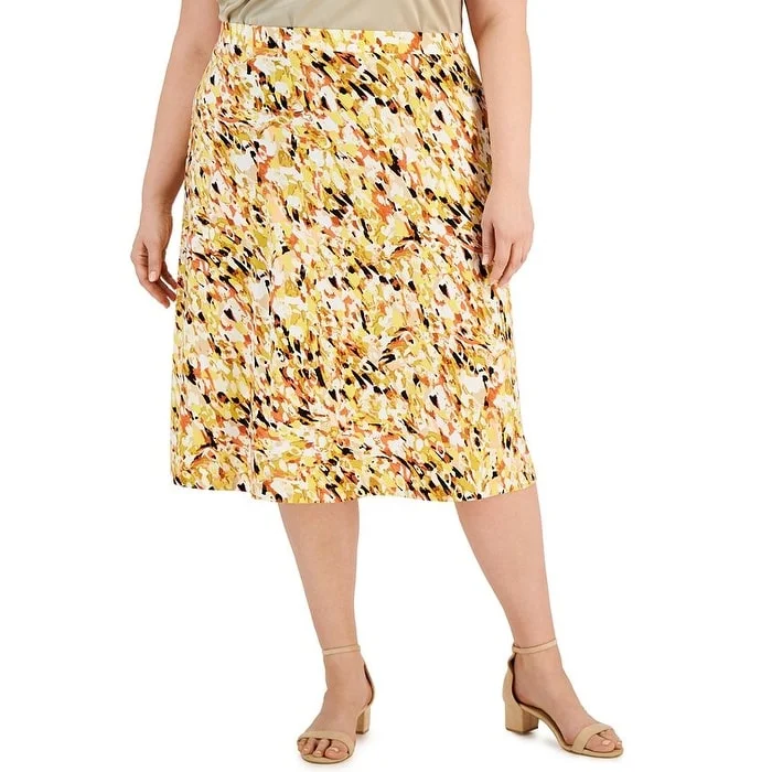 Kasper Women's Printed Midi A Line Skirt Yellow Size 1X