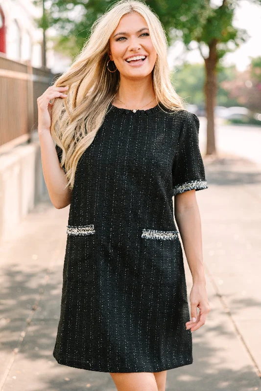 On Time Black Tweed Mini Shift Dress