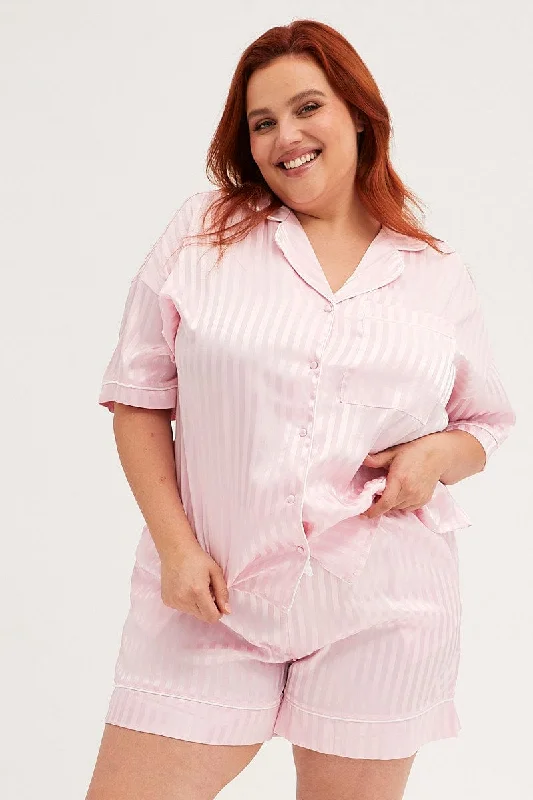 Pink Stripe Pyjamas Set Short Sleeve Collared Shorts Satin