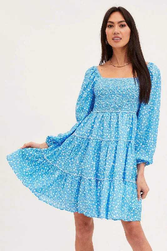 Print Fit And Flare Dress Long Sleeve Square Neck