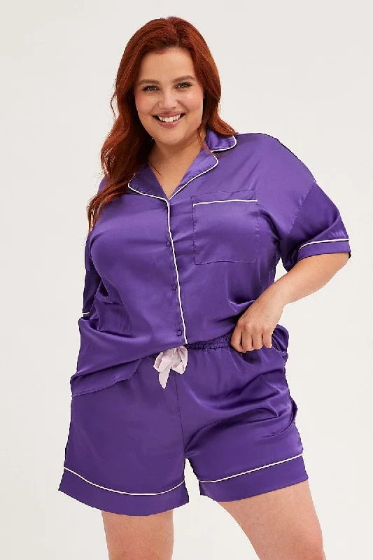 Purple Pyjamas Set Short Sleeve Collared Shorts Satin